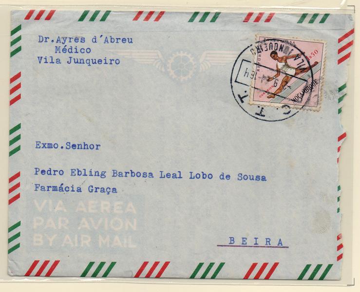 1104.jpg -     Lote:    1104            Moçambique       Descrição:         Carimbos circulares datados tipo grande. 1962 &mdash; Modalidades desportivas. Sobrescrito circulado de Vila Junqueiro (02.09.64) para a Beira, com selo de 1$50 CE450, obliterado com carimbo batido a preto de "VILA JUNQUEIRO".         Carta       Valor Base:     &euro; 10,00     Valor Venda:     &euro; 14,00       