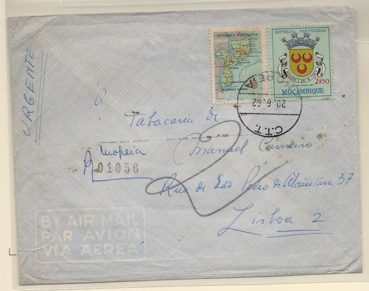 1106.jpg -     Lote:    1106            Moçambique       Descrição:         Carimbos circulares datados. Sobrescrito circulado registado de Mopeia (20.06.62) para Lisboa com selos CE418 e 439. Registo manuscrito de "Mopeia" + carimbo batido a preto "MOPEIA".         Carta       Valor Base:     &euro; 10,00     Valor Venda:     &euro; 10,00       