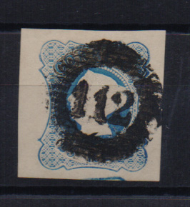 1116.jpg -     Lote:    1116            Portugal       Descrição:         1853 &mdash; D. Maria II. CE2, 25 reis azul, cunho I, com margens muito largas, obliterado com carimbo numérico da 1.ª reforma de 20 barras "112 - VISEU".         O       Valor Base:     &euro; 15,00     Valor Venda:     &euro; 15,00       