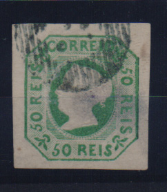 1119.jpg -     Lote:    1119            Portugal       Descrição:         1853 &mdash; D. Maria II. CE3, 50 reis verde, com margens largas. Valor de catálogo &euro; 1.770,00.         O       Valor Base:     &euro; 125,00     Valor Venda:     &euro; 150,00       