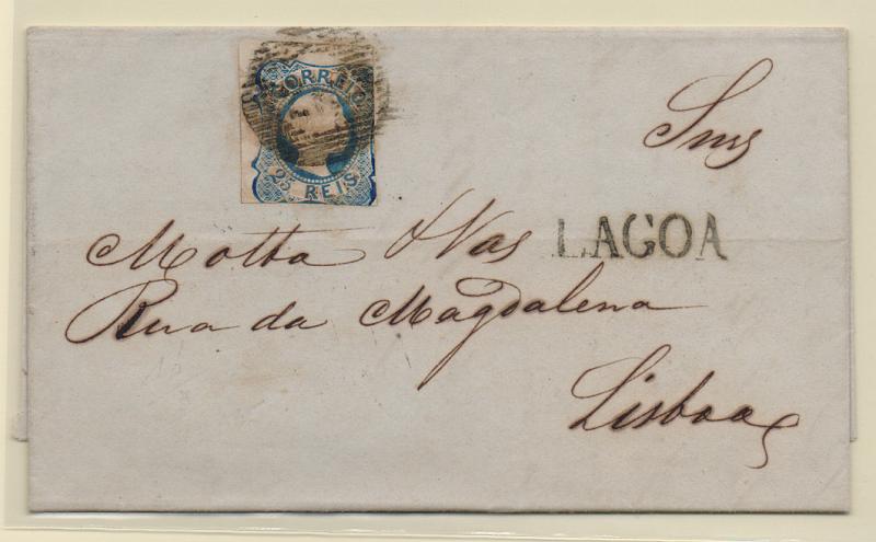 1129.jpg -     Lote:    1129            Portugal       Descrição:         1855/56 &mdash; D. Pedro V. Cabelos lisos. CE6, 25 reis azul cunho I em carta datada de Lagoa (14.03.55) para Lisboa (18.03.55). Selo obliterado com carimbo numérico de 20 barras "212 &mdash; LAGOA" + nominativo a preto LAGOA.         Carta       Valor Base:     &euro; 40,00     Valor Venda:     &euro; 40,00       