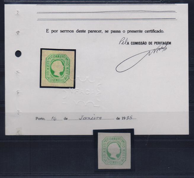 1132.jpg -     Lote:    1132            Portugal       Descrição:         1855/56 &mdash; D. Pedro V. Cabelos lisos. CE8, 50 reis verde amarelo, com margens excepcionais, sem goma. Valor de catálogo &euro; 887,00. MB. Certificado de peritagem do NFACP.         *       Valor Base:     &euro; 100,00     Valor Venda:     Retirado     