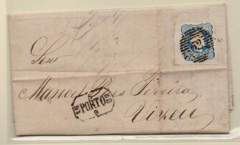 1138.jpg -     Lote:    1138            Portugal       Descrição:         1856/58 &mdash; D. Pedro V. cabelos anelados. CE11, 25 reis azul, com muito boas margens, em carta circulada do Porto (05.09.56) para Viseu.         Carta       Valor Base:     &euro; 20,00     Valor Venda:     &euro; 20,00       