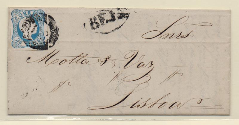 1143.jpg -     Lote:    1143            Portugal       Descrição:         1856/58 &mdash; D. Pedro V. Cabelos anelados. CE12 (linhas duplas), 25 reis azul com margens normais em carta circulada de Beja para Lisboa (02.01.57) . Carimbo batido a preto "BEJA"         Carta       Valor Base:     &euro; 12,00     Valor Venda:     Retirado     