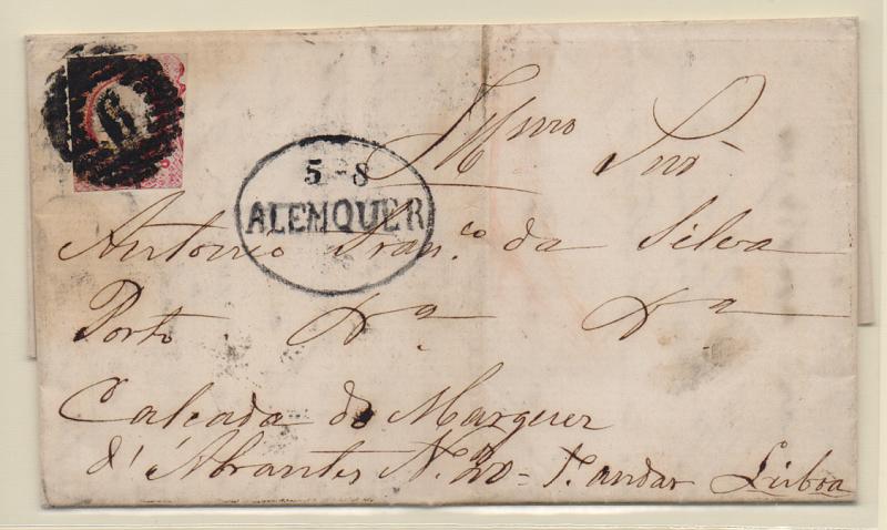 1144.jpg -     Lote:    1144            Portugal       Descrição:         1856/58 &mdash; D. Pedro V. Cabelos anelados. CE13, 25 reis carmim, margens muito curtas, em carta circulada de Alenquer (05.08.58) para Lisboa (06.08.58). Carimbo oval datado batido a preto "ALENQUER 5-8" e numérico da 1.* reforma "6".         Carta       Valor Base:     &euro; 20,00     Valor Venda:     Retirado     