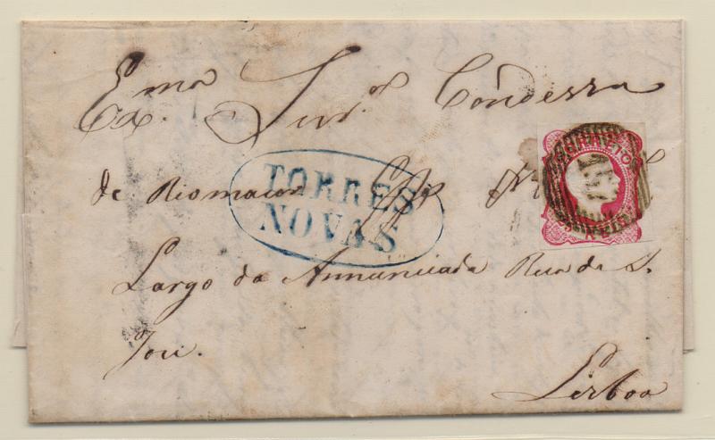 1145.jpg -     Lote:    1145            Portugal       Descrição:         1856/58 &mdash; D. Pedro V. Cabelos anelados. CE13, 25 reis rosa, com margens curtas, em carta circulada de Carvalhal (08.08.58) para Lisboa. Carimbo nominativo batido a zul "TORRES NOVAS" + numérico da 1.ª reforma tipo 20 barras a preto "157".         Carta       Valor Base:     &euro; 12,00     Valor Venda:     Retirado     