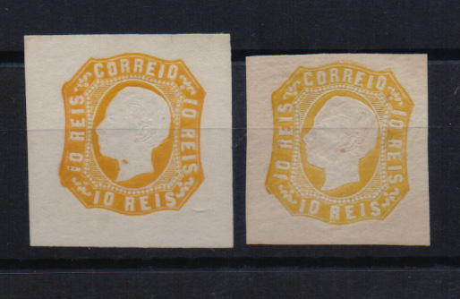 1149.jpg -     Lote:    1149            Portugal       Descrição:         1862/64 &mdash; D. Luís I. CE15, 10 reis amarelo laranja. Lote de dois selos com margens muito largas. Regomados.         RG***       Valor Base:     &euro; 100,00     Valor Venda:     Retirado     