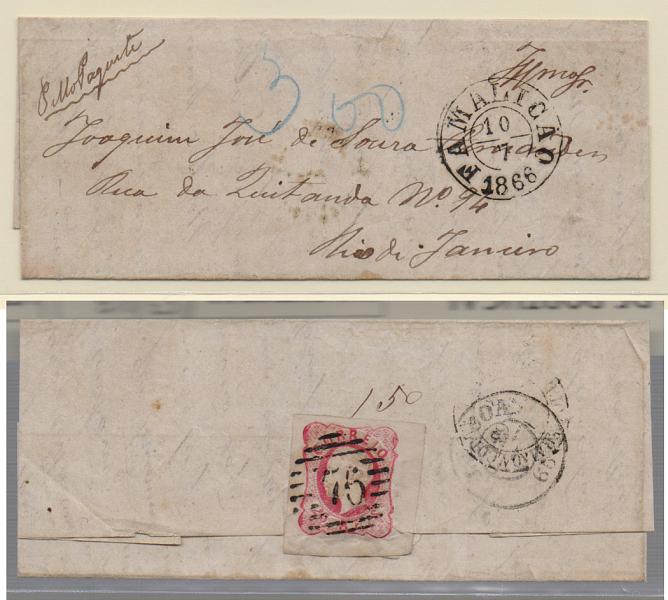1152.jpg -     Lote:    1152            Portugal       Descrição:         1862/64 &mdash; D. Luís I. CE16, 25 reis rosa em carta remetida de Famalicão (10.07.66) para o Rio de Janeiro, para pagamento do porte territorial e porteada em 300 reis à chegada.. Carimbo da 1.ª reforma tipo 5.3.5 "76 &mdash; FAMALICÃO".         Carta       Valor Base:     &euro; 15,00     Valor Venda:     Retirado     