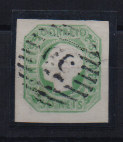 1154.jpg -     Lote:    1154            Portugal       Descrição:         1862/64 &mdash; D. Luís I. CE17, 50 reis verde azul, com margens muito largas, obliterado com carimbo numérico da 1.ª reforma tipo 3.5.3 "33 &mdash; PALMELA". MB e R.         O       Valor Base:     &euro; 30,00     Valor Venda:     &euro; 50,00       