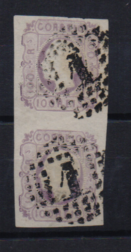 1159.jpg -     Lote:    1159            Portugal       Descrição:         1862/64 &mdash; D. Luís I.. CE18, 100 reis lilás. Par vertical com margens normais. Valor de catálogo &euro; 495,00         O       Valor Base:     &euro; 50,00     Valor Venda:     Retirado     