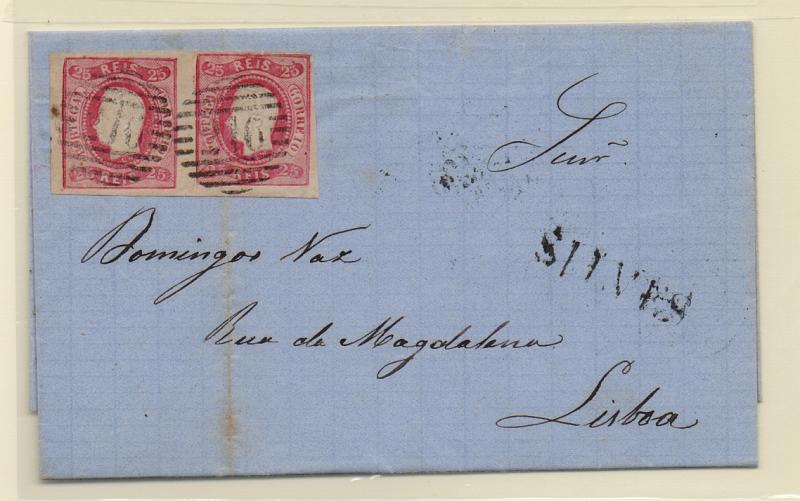 1165.jpg -     Lote:    1165            Portugal       Descrição:         1866/67 &mdash; D. Luís I. Fita curva, não denteados. Sobrescrito circulado de Silves (03.07.67) para Lisboa (05.07.67) com trânsito por Faro (04.07.67) com par horizontal de 25 reis carmim CE22. MB e R (segundo porte). Carimbos batidos a preto: numérico "216" e nominativo "SILVES".         Carta       Valor Base:     &euro; 20,00     Valor Venda:     &euro; 32,00       