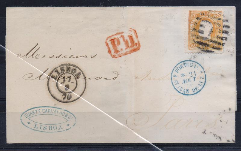 1171.jpg -     Lote:    1171            Portugal       Descrição:         1867/70 &mdash; D. Luís I. Fita curva. Denteados. CE32, 80 reis laranja, em carta circulada de Lisboa (17.08.70) para Paris (21.08.70).         Carta       Valor Base:     &euro; 25,00     Valor Venda:     &euro; 25,00       