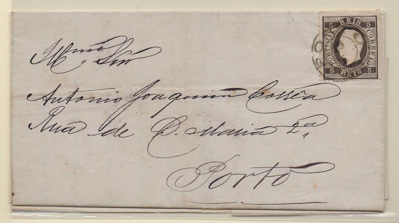 1175.jpg -     Lote:    1175            Portugal       Descrição:         1870/76 &mdash; D. Luís I, fita direita. CE36, 5 reis preto, denteado 12 &frac12; em impresso circulado no Porto (19.05.80).         Carta       Valor Base:     &euro; 10,00     Valor Venda:     Retirado     