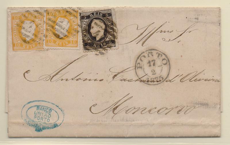 1180.jpg -     Lote:    1180            Portugal       Descrição:         1870/73 &mdash; D. Luís I. Fita direita. Carta circulada do Porto (17.02.75) para Moncorvo, com selo de 5 reis preto, denteado 12 &frac12;, CE36 + dois selos de 10 reis amarelo, denteado 12 &frac12;, CE37. MB e MR.         Carta       Valor Base:     &euro; 100,00     Valor Venda:     &euro; 100,00       