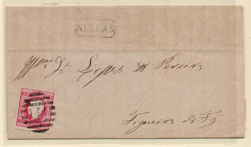 1181.jpg -     Lote:    1181            Portugal       Descrição:         1870/76 &mdash; D. Luís I, fita direita. CE40,25 reis carmim, denteado 12 &frac12; em carta circulada de Nelas para a Figueira da Foz. Carimbo nominativo batido a preto de "NALLAS" e numérico da 2.ª reforma "144 &mdash; NELLAS".         Carta       Valor Base:     &euro; 10,00     Valor Venda:     Retirado     