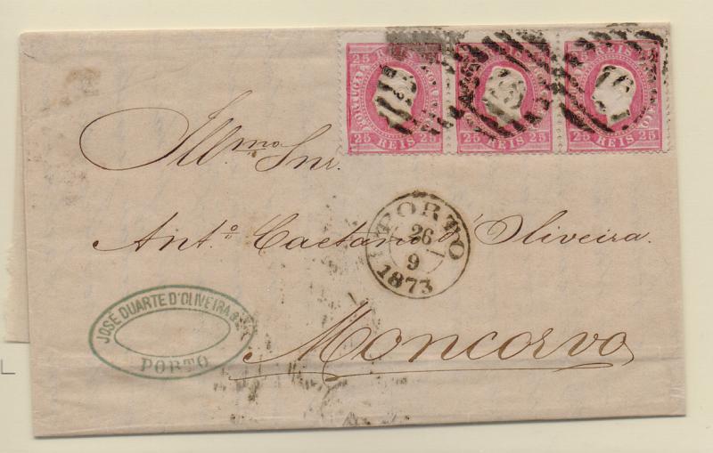 1182.jpg -     Lote:    1182            Portugal       Descrição:         1870/76 &mdash; D. Luís I, fita direita. CE40, 25 reis carmim, denteado 12 &frac12;. Três selos (triplo porte) em carta circulada do Porto (26.09.73) para Moncorvo (28.09.73). MB e R.         Carta       Valor Base:     &euro; 25,00     Valor Venda:     &euro; 25,00       