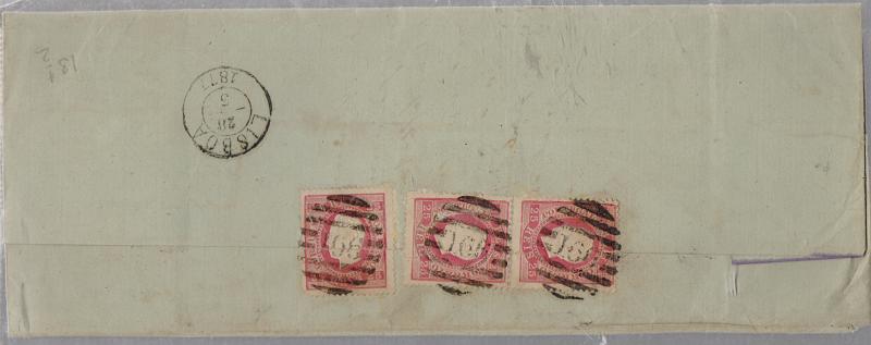 1183.jpg -     Lote:    1183            Portugal       Descrição:         1870/76 &mdash; D. Luís I, fita direita. CE40, 25 reis. Sobrescrito circulado de Castelo Branco para Lisboa (28.05.77) com 3 selos, obliterados com carimbo numérico da 2.ª reforma "166" + nominativo de CASTELO BRANCO.         Carta       Valor Base:     &euro; 20,00     Valor Venda:     Retirado     
