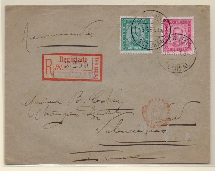 1195.jpg -     Lote:    1195            Portugal       Descrição:         1892/93 &mdash; D. Carlos I tipo Diogo neto. Sobrescrito circulado registado de Setúbal (15.09.94) para França, com selos de 25, denteado 11 &frac12; e 75 reis, denteado 12 &frac12;. CE70 e 72. MB.         Carta       Valor Base:     &euro; 60,00     Valor Venda:     &euro; 60,00       