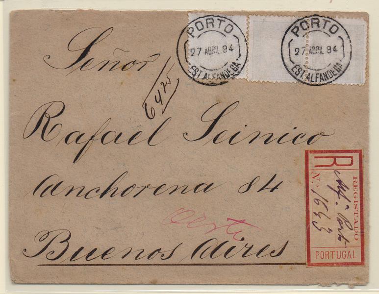 1196.jpg -     Lote:    1196            Portugal       Descrição:         1892/93 &mdash; D. Carlos I tipo Diogo neto. CE71, 50 reis azul claro, papel porcelana, denteado 11 &frac12;. Sobrescrito circulado registado da Alfândega do porto (27.04.94) para Buenos Aires, com 3 selos. MB.         Carta       Valor Base:     &euro; 10,00     Valor Venda:     &euro; 22,00       