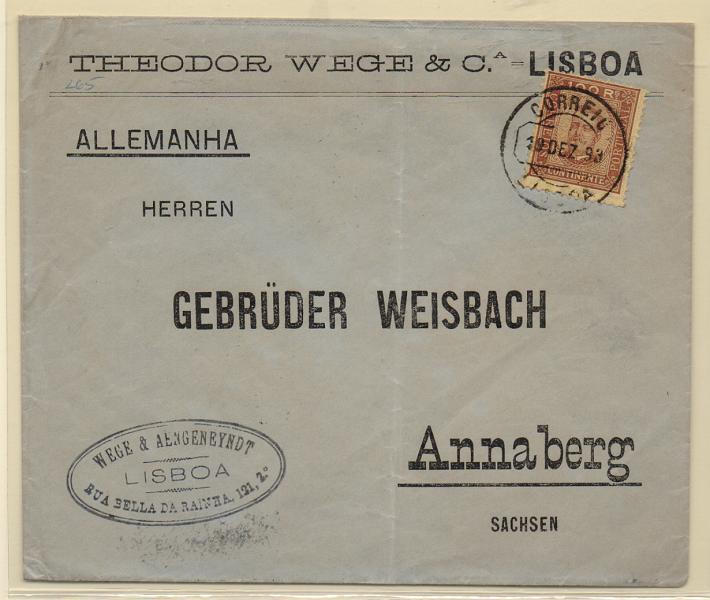 1197.jpg -     Lote:    1197            Portugal       Descrição:         1892/93 &mdash; D. Carlos I tipo Diogo Neto. CE73, 100 reis, papel porcelana, denteado 11 &frac12;, em carta circulada de Lisboa (19.12.93) para a Alemanha, MB.         Carta       Valor Base:     &euro; 45,00     Valor Venda:     &euro; 45,00       