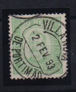 1200.jpg -     Lote:    1200            Portugal       Descrição:         1892 &mdash; D. Carlos I tipo Diogo Neto. CE76, 80 reis, papel porcelana, denteado 12 &frac12;, obliterado com carimbo batido a preto de "VILLA NOVA / DE PORTIMÃO. Valor de catálogo 100,00.         O       Valor Base:     &euro; 12,00     Valor Venda:     Retirado     