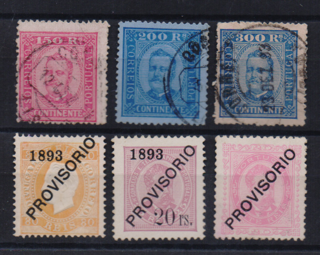 1202.jpg -     Lote:    1202            Portugal       Descrição:         1892/93 &mdash; D. Carlos I + D. Carlos I. Sobrecargas PROVISÓRIO. Lote composto por 3 selos usados CE77/79 + CE85, 95 e94.Bom valor de catálogo. Lote a ver.         */O       Valor Base:     &euro; 30,00     Valor Venda:     Retirado     