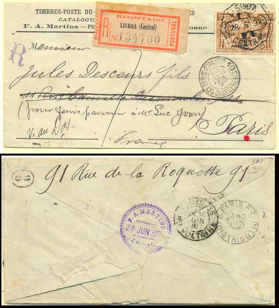 1207.jpg -     Lote:    1207            Portugal       Descrição:         1898 &mdash; 4º Centenário do Descobrimento do Caminho Marítimo para a Índia. Sobrescrito circulado registado de Lisboa (28. 6.98) para Paris (30/Juin/98) com CE154         Carta       Valor Base:     &euro; 40,00     Valor Venda:     Retirado     