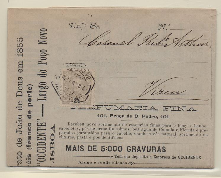 1209.jpg -     Lote:    1209            Portugal       Descrição:         1895/96 &mdash; D. Carlos I. CE126, 2 &frac12; reis cinzento em jornal "O Occidente", circulado de Lisboa (07.08.08) para Viseu. MB.         JRN       Valor Base:     &euro; 10,00     Valor Venda:     &euro; 16,00       