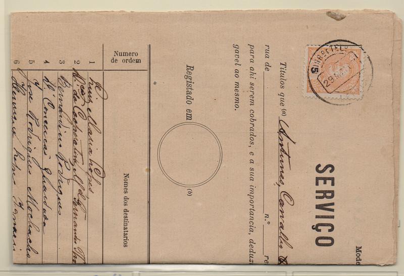 1212.jpg -     Lote:    1212            Portugal       Descrição:         1895/96 &mdash; D. Carlos I Mouchon. CE127, 5 reis laranja em impresso Mod. N.º 1 (Serviço de Cobranças), datado de Leiria (29.05.07) para a Figueira da Foz (30.05.07). B e R.         DOC       Valor Base:     &euro; 20,00     Valor Venda:     &euro; 24,00       