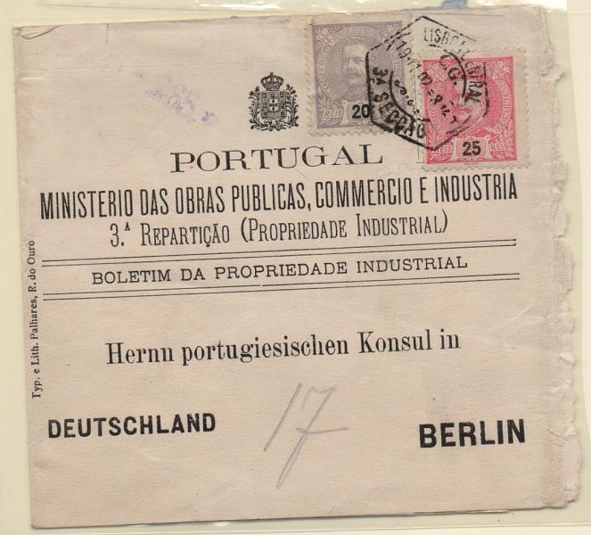 1214.jpg -     Lote:    1214            Portugal       Descrição:         1895/98 &mdash; D. Carlos I Mouchon. Cinta do Boletim da Propriedade Industrial circulado de Lisboa (19.11.02) para Berlim com selos de 20 e 25 reis CE130, 141. B e R.         CNT       Valor Base:     &euro; 20,00     Valor Venda:     &euro; 22,00       