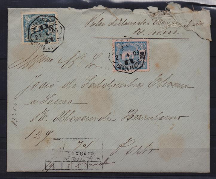1215.jpg -     Lote:    1215            Portugal       Descrição:         1895/96 &mdash; D. Carlos I Mouchon. Valor declarado de 100,000 reis circulado de Lisboa (27.04.03) para o Porto (28.04.03) com selos de 50 reis azul e 300 reis azul s/ rosa CE132 e 138. Ligeiro defeito no sobrescrito. B e R.         Carta       Valor Base:     &euro; 50,00     Valor Venda:     &euro; 50,00       
