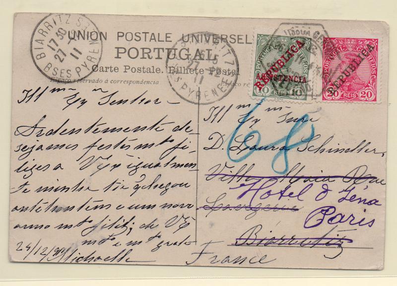 1216.jpg -     Lote:    1216            Portugal       Descrição:         1910 &mdash; D. Manuel II, com sobrecarga REPUBLICA + idem com sobrecarga ASSISTÊNCIA". Postal ilustrado circulado de Lisboa (24.12.11) para Biarritz e reexpedido para Paris com selos de 20 reis CE160 e 10 reis CE IP1.         PI       Valor Base:     &euro; 15,00     Valor Venda:     Retirado     
