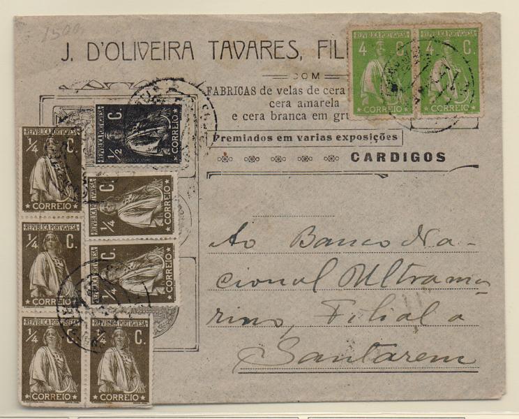 1220.jpg -     Lote:    1220            Portugal       Descrição:         1912/20 &mdash; Ceres. Sobrescrito circulado de Cardigos para Santarém (26.03.21) com 6 selos de &frac14; C + selo de &frac12; C + par de selos de 4C CE206/207 e 226.         Carta       Valor Base:     &euro; 12,00     Valor Venda:     &euro; 12,00       