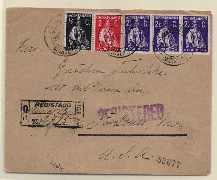 1221.jpg -     Lote:    1221            Portugal       Descrição:         1912 &mdash; Ceres. Sobrescrito circulado registado de Alcácer do Sal (28.09.14) para os EUA com selos de &frac12;, 2 e tira de 2 selos de 2 &frac12; C CE207, 210 e 211. Todos em papel porcelana, denteado 14x15.         Carta       Valor Base:     &euro; 20,00     Valor Venda:     Retirado     