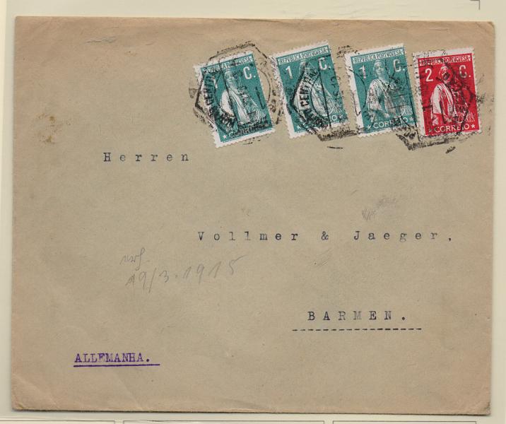 1222.jpg -     Lote:    1222            Portugal       Descrição:         1912 &mdash; Ceres. Sobrescrito circulado de Lisboa (03.03.13) para a Alemanha com 3 selos de 1 e um selo de 2c, CE208 e 210. Todos em papel porcelana, denteado 15x14.         Carta       Valor Base:     &euro; 35,00     Valor Venda:     Retirado     