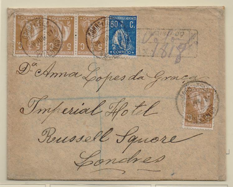 1225.jpg -     Lote:    1225            Portugal       Descrição:         1917/22 &mdash; Ceres. Sobrescrito circulado registado de Valongo (20.07.21) para Londres com 4 selos de 5c e um selo de 60c CE227 e 245.         Carta       Valor Base:     &euro; 12,00     Valor Venda:     &euro; 24,00       