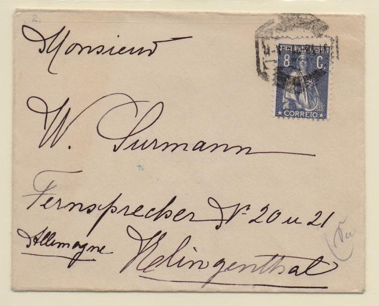 1228.jpg -     Lote:    1228            Portugal       Descrição:         1912 &mdash; Ceres. Sobrescrito circulado do Porto (31.12.21) para a Alemanha, com selo de 8C CE214, papel acetinado, denteado 12x11 &frac12;          Carta       Valor Base:     &euro; 25,00     Valor Venda:     Retirado     
