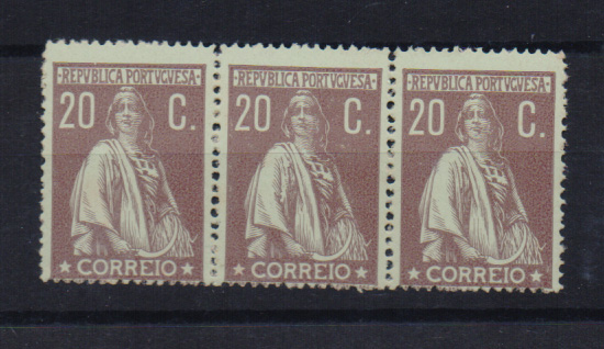 1229.jpg -     Lote:    1229            Portugal       Descrição:         1912 &mdash; Ceres. CE217, 20c castanho sobre verde, papel porcelana, denteado 15x14. Tira horizontal de 3 selos. Valor de catálogo &euro; 198,00.         ***       Valor Base:     &euro; 22,00     Valor Venda:     &euro; 34,00       