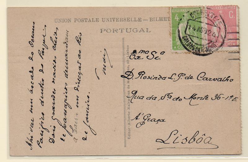 1237.jpg -     Lote:    1237            Portugal       Descrição:         1917/23 &mdash; Ceres. Postal ilustrado circulado das Caldas da rainha (14.08.24) para Lisboa, com selo de 15C preto na frente e 4 e 6C no verso, perfazendo o porte de 25C CE226, 228 e 253. Selo de 4C verde em denteado 12x11 &frac12; com a variedade "4 GROSSO". MB e MR.         PI       Valor Base:     &euro; 200,00     Valor Venda:     &euro; 550,00       