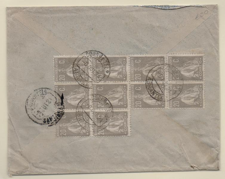 1238.jpg -     Lote:    1238            Portugal       Descrição:         1924/26 &mdash; Ceres. Sobrescrito circulado de Abrantes (08.10.24) para Santarém (09.10.24) com 10 selos de 20C cinzento CE280.         Carta       Valor Base:     &euro; 20,00     Valor Venda:     &euro; 34,00       
