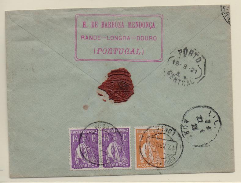 1241.jpg -     Lote:    1241            Portugal       Descrição:         1917/22 &mdash; Ceres. Sobrescrito circulado de Longra (17.08.21) para Lille com dois selos de 2C laranja CE223 e par de selos de 14C violeta CE239.         Carta       Valor Base:     &euro; 30,00     Valor Venda:     &euro; 44,00       