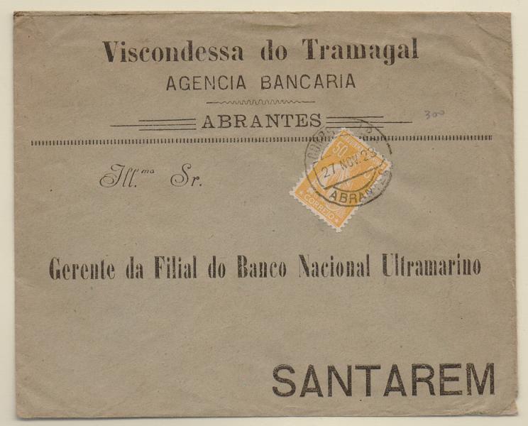1246.jpg -     Lote:    1246            Portugal       Descrição:         1920/22 &mdash; Ceres. Sobrescrito circulado de Abrantes (27.11.23) para Santarém (28.11.23) com selo de 50C amarelo-laranja. CE244.         Carta       Valor Base:     &euro; 10,00     Valor Venda:     &euro; 22,00       
