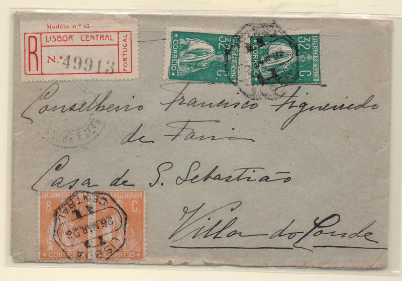 1251.jpg -     Lote:    1251            Portugal       Descrição:         1924/26 &mdash; Ceres. Sobrescrito circulado registado de Lisboa (26.03.26) para Vila do Conde com par de 8C e par de 32C CE278 e 282. B.         Carta       Valor Base:     &euro; 35,00     Valor Venda:     &euro; 38,00       