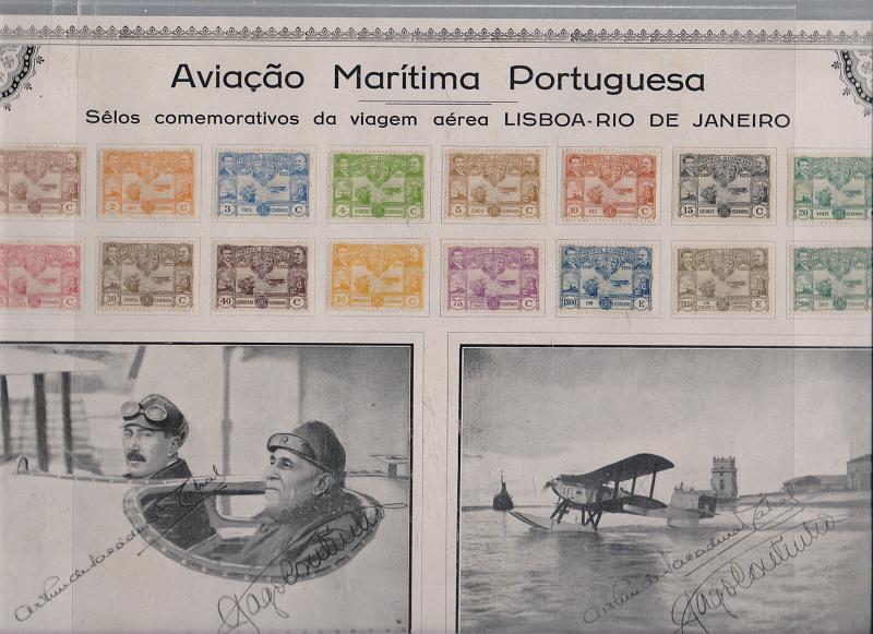 1252.jpg -     Lote:    1252            Portugal       Descrição:         1923 &mdash; Travessia aérea do Atlântico, Folha comemorativa e de homenagem a Gago Coutinho e Sacadura Cabral, pela travessia aérea Lisboa-Rio de Janeiro, incluindo a série completa CE 260/75, e duas gravuras com a avioneta e os pilotos, com as respectivas assinaturas.         Lote       Valor Base:     &euro; 8,00     Valor Venda:     &euro; 18,00       