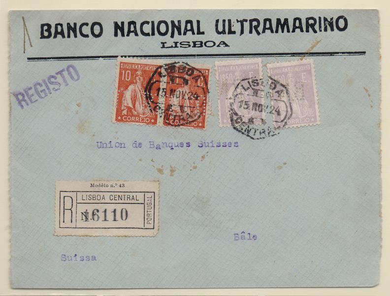1257.jpg -     Lote:    1257            Portugal       Descrição:         1912/26 &mdash; Ceres. Sobrescrito circulado registado de Lisboa (15.11.24) para a Suíça, com 2x10C CE215 + 2x1$50 CE290.         Carta       Valor Base:     &euro; 20,00     Valor Venda:     &euro; 20,00       