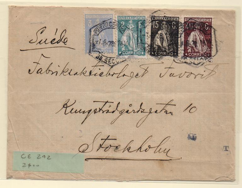 1259.jpg -     Lote:    1259            Portugal       Descrição:         1920/26 &mdash; Ceres. Sobrescrito circulado do Porto (07.06.26) para Estocolmo, com selos de 3C CE235, 15C CE253, 40C CE283 e 2E CE292.         Carta       Valor Base:     &euro; 20,00     Valor Venda:     Retirado     