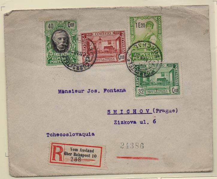 1268.jpg -     Lote:    1268            Portugal       Descrição:         1925 &mdash; Centenário do Nascimento de Camilo Castelo Branco. Sobrescrito circulado do Funchal (27.03.25) para a Checoslováquia (09.04.25) com trânsito por Dresden (08.04.25), com selos de 32c, 40c, 48c e 1$20 CE342, 343, 344 e 351. MB e MR.         Carta       Valor Base:     &euro; 50,00     Valor Venda:     &euro; 70,00       