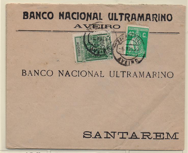 1269.jpg -     Lote:    1269            Portugal       Descrição:         1928/29 &mdash; Ceres. Emissão Londres+ Imposto postal "Monumento ao Marquês de Pombal" (selos de recureso). Sobrescrito circulado de Aveiro (06.05.27) para Santarém com selo de 40C CE40 + 20C do imposto postal dos Açores com valor de 15C e utilizado como selo de recurso do Imposto Postal no Continente. .        Carta       Valor Base:     &euro; 25,00     Valor Venda:     &euro; 40,00       