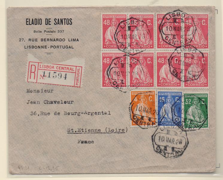 1270.jpg -     Lote:    1270            Portugal       Descrição:         1926 &mdash; Ceres. Emissão Londres. Sobrescrito circulado registado de Lisboa (10.03.29) para França, com selos de 3c (verso) 4c, 16c, 32c e bloco com 8 selos de 48c CE397, 398 403, 405 e 407. MB.         Carta       Valor Base:     &euro; 50,00     Valor Venda:     &euro; 60,00       