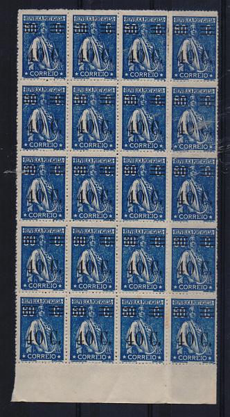 1284.jpg -     Lote:    1284            Portugal       Descrição:         1928/29 &mdash; Ceres, com sobretaxa. CE471, 40c s/ 60c azul, denteado 15x14. Bloco de 20 selos, com três pontos de óxido no verso. Valor de catálogo &euro; 574,00.         ***       Valor Base:     &euro; 60,00     Valor Venda:     Retirado     